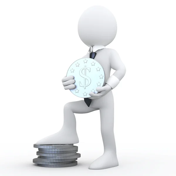 3D man holding a coin with the symbol of the dollar — Stock Photo, Image