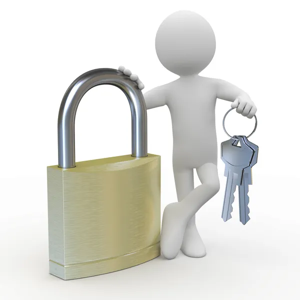 stock image Man leaning on a huge padlock with keys in hand