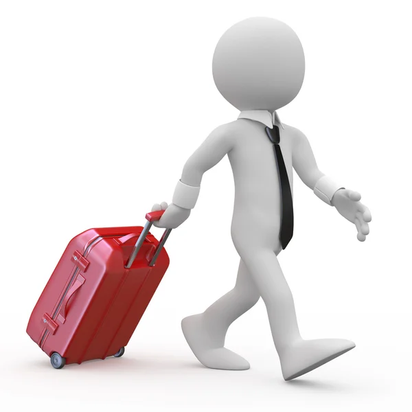 Бизнесмен тянет красный чемодан с тележкой — стоковое фото