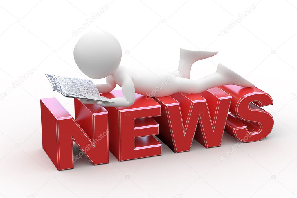 Man reading, lying on the News word