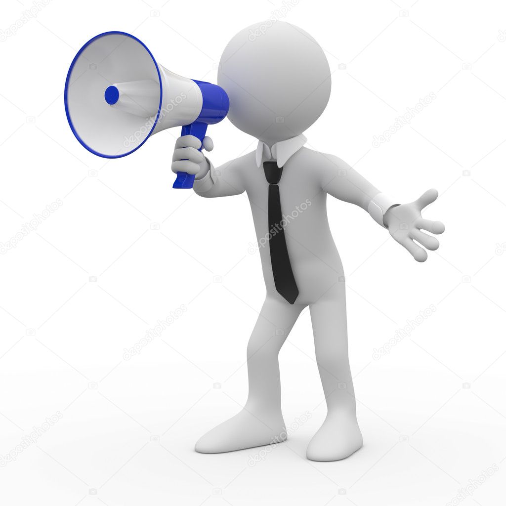 Man talking on a white and blue megaphone