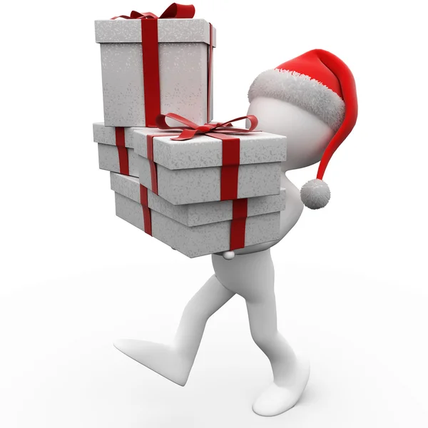 3D human with Christmas gifts and a Santa Claus hat — Stock Photo, Image