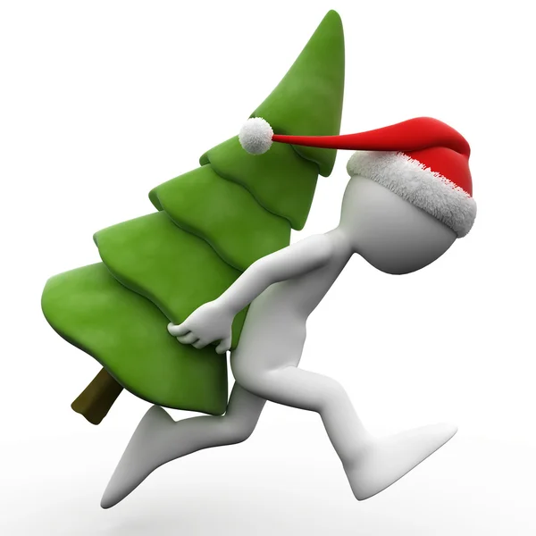 3D human running with a Christmas tree — Stock Photo, Image