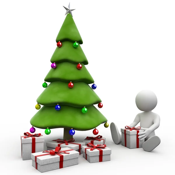 3D human sitting next to the Christmas tree — Stock Photo, Image
