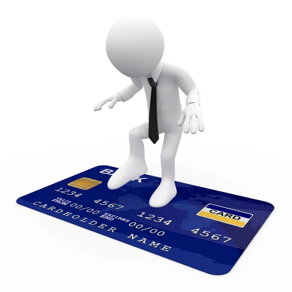 Hombre encima de una tarjeta de crédito azul — Foto de Stock