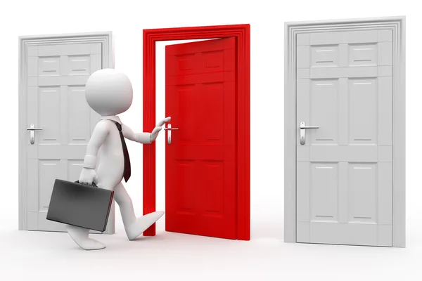 Człowiek z teczki wejście czerwony drzwi — Zdjęcie stockowe