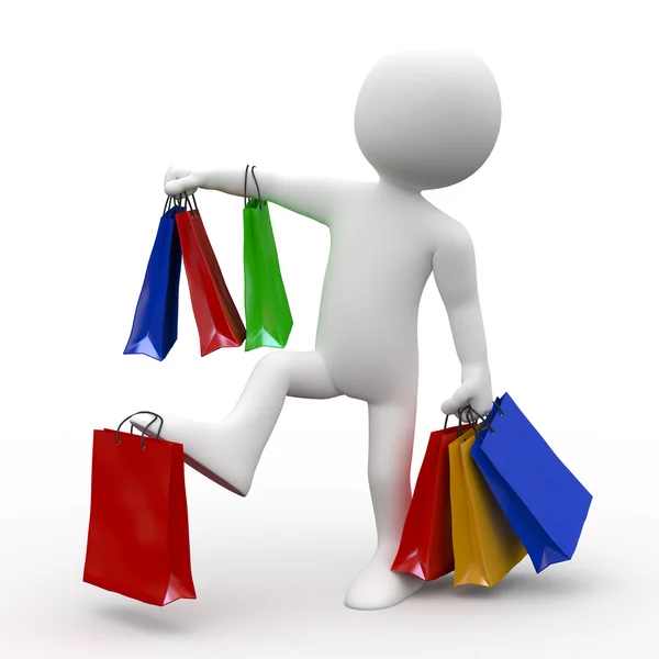 Mann mit vielen Taschen in verschiedenen Farben, einkaufen — Stockfoto