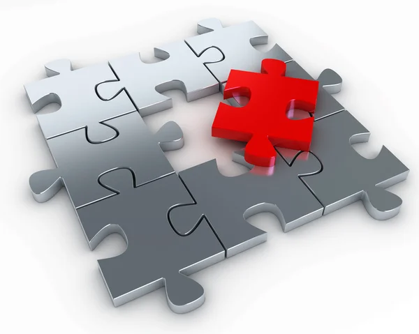 Pedaços de puzzle, com uma peça vermelha grátis — Fotografia de Stock