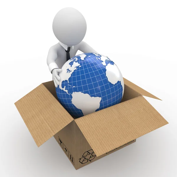 El hombre mantiene la Tierra en una caja de cartón — Foto de Stock