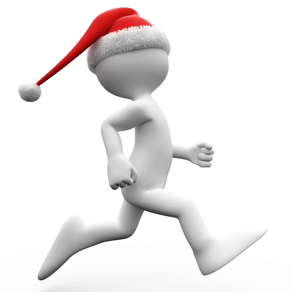 3D humano correndo com um chapéu de Papai Noel — Fotografia de Stock