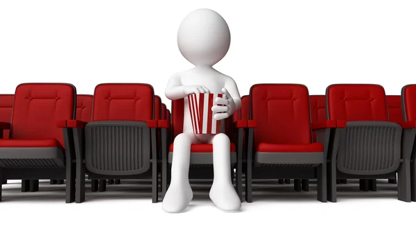 3D člověka sedí na křesle a jíst popcorn — Stock fotografie