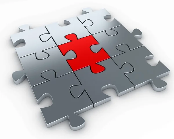 Pezzi di puzzle, con un pezzo rosso al centro — Foto Stock