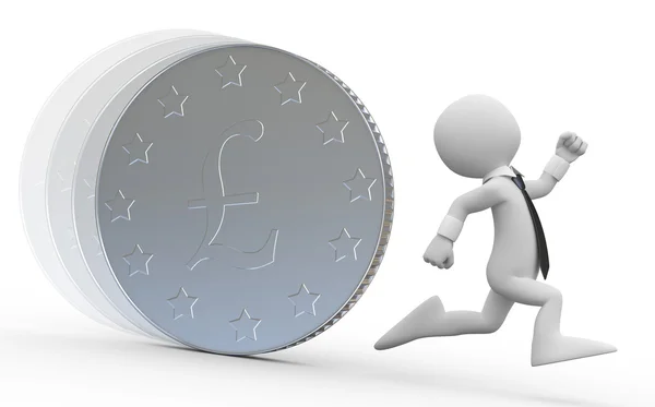 Un hombre de negocios huyendo de una enorme moneda con el símbolo de la libra — Foto de Stock