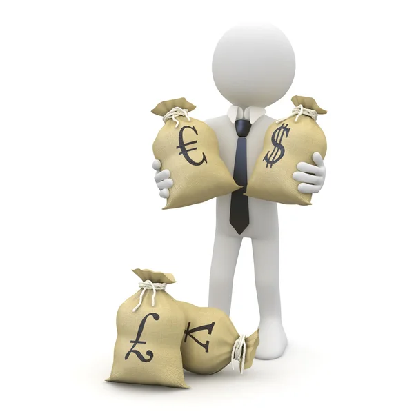 Geschäftsmann mit Säcken Geld, Dollar, Euro, Pfund und Yen — Stockfoto