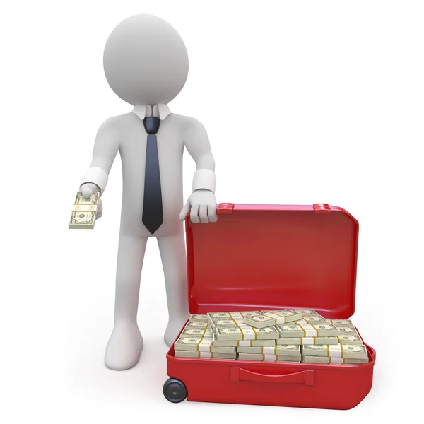 Businessman with a suitcase full of wads of cash — Stock Photo, Image