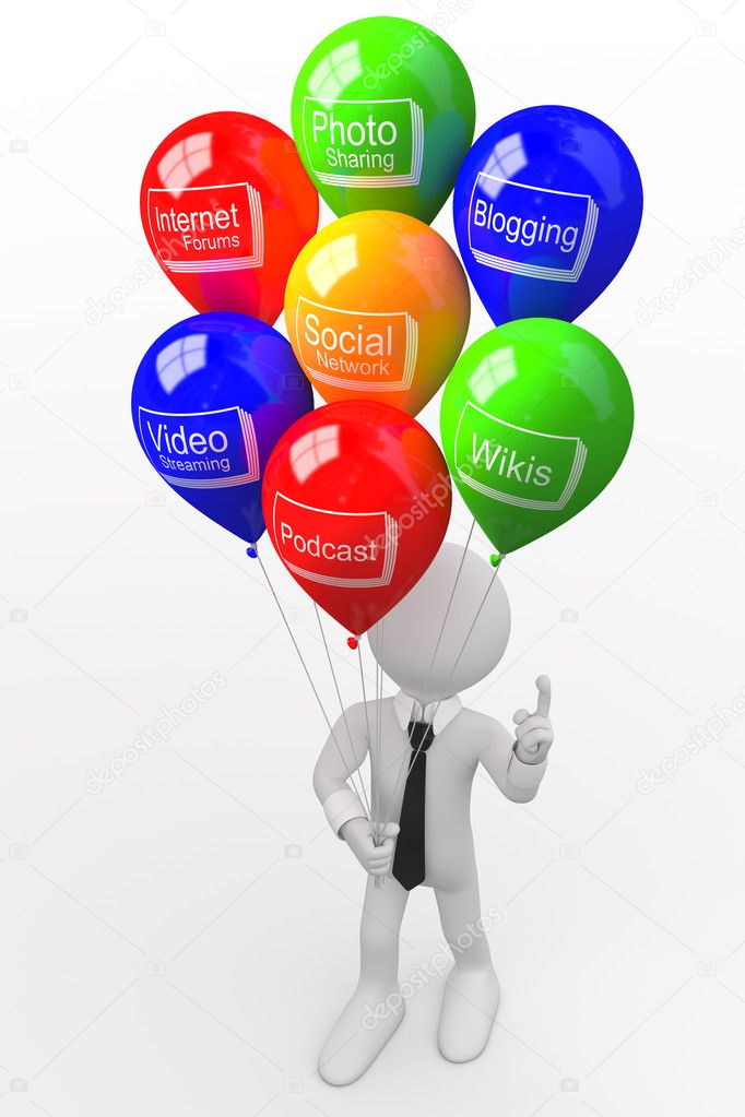 Man with a bunch of balloons, with words related to new technologies