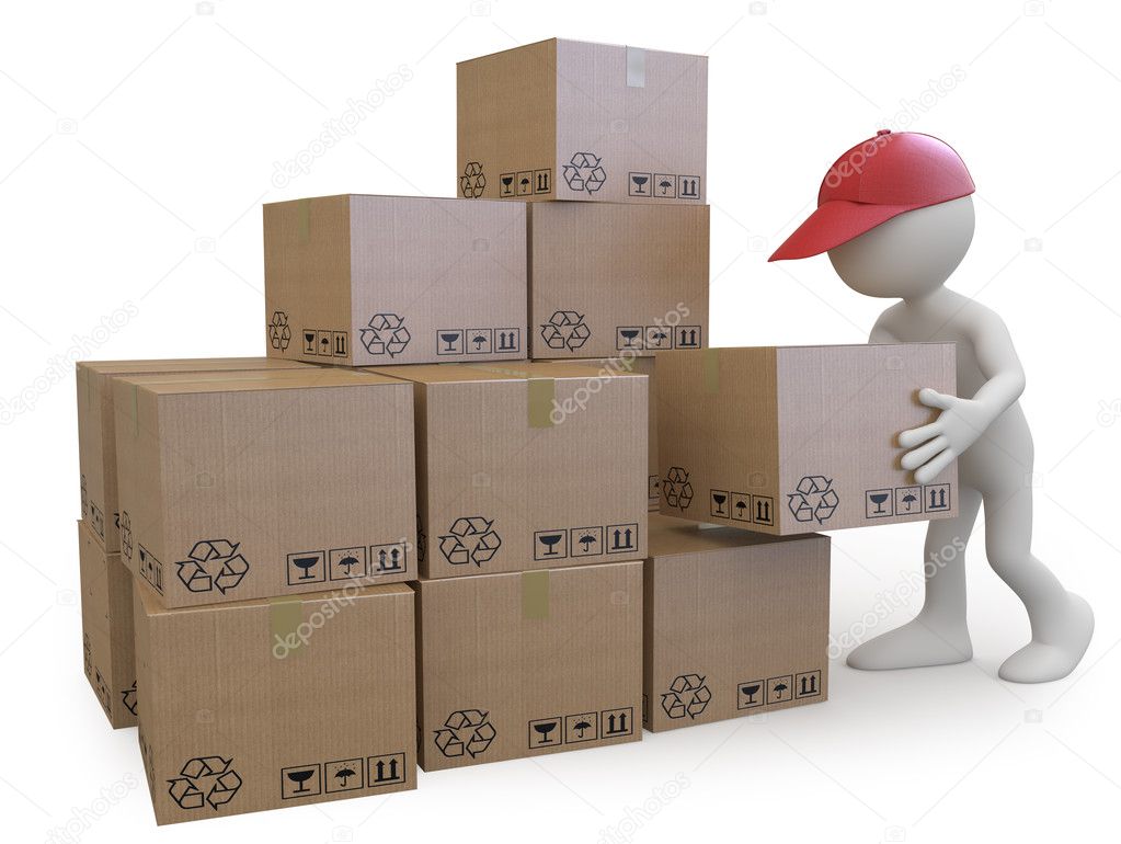 Stock boy stacking cardboard boxes