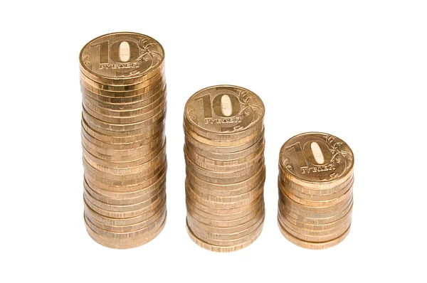 Three columns of ten ruble coin — Stock Photo, Image