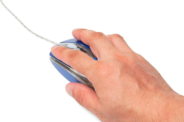 Синяя металлическая компьютерная мышь в руке — стоковое фото