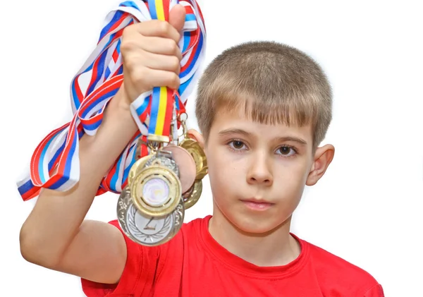 男孩运动员与奖牌 — 图库照片