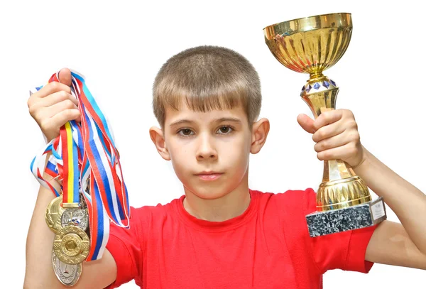 Menino-atleta com medalhas — Fotografia de Stock