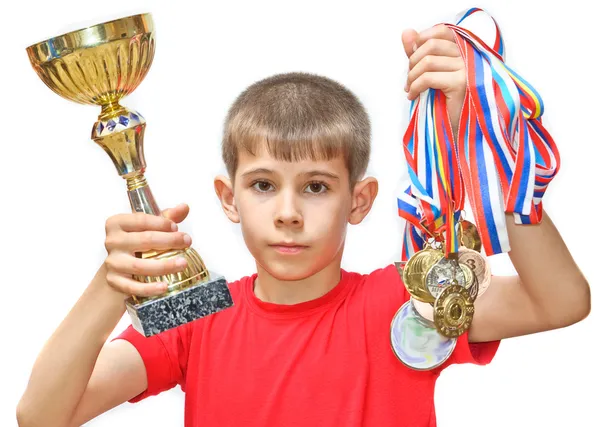 Chłopiec sportowiec z medalami — Zdjęcie stockowe