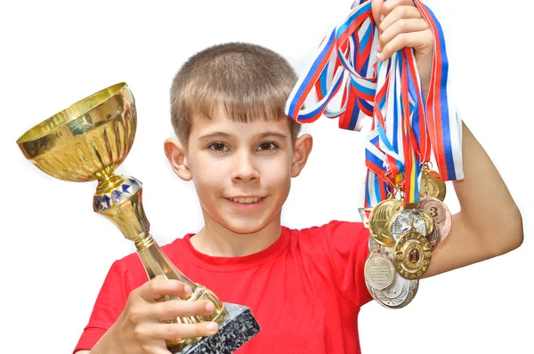 Menino-atleta com medalhas — Fotografia de Stock