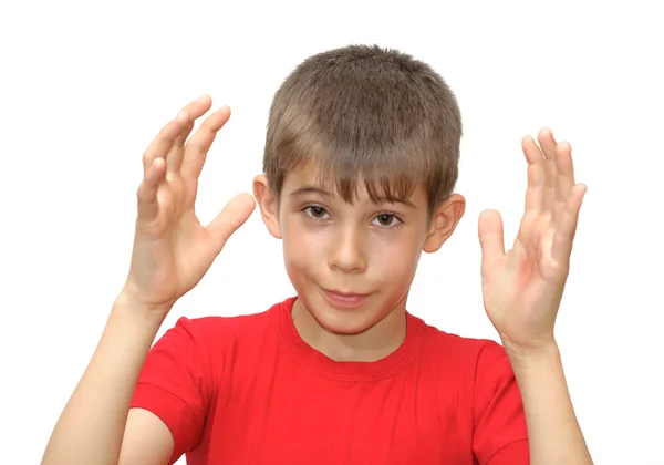 A fiú mutatja érzés kézmozdulatok — Stock Fotó
