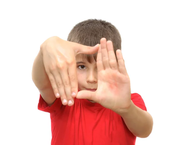A fiú mutatja érzés kézmozdulatok Stock Kép