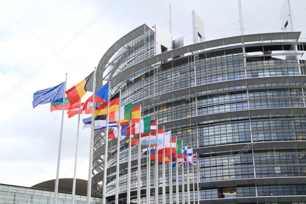 European parliament and flags of the european nations