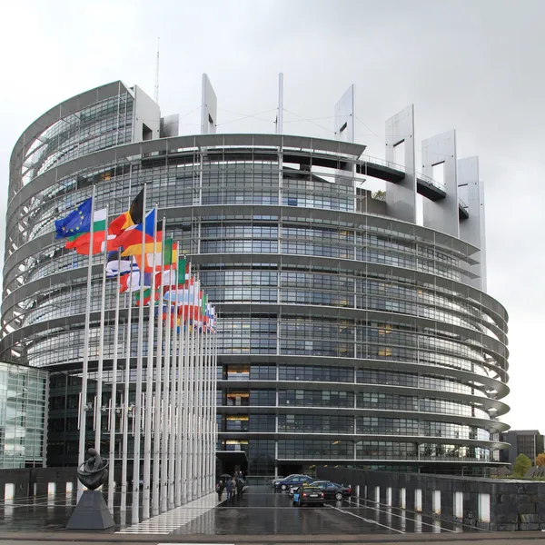 Ευρωπαϊκό Κοινοβούλιο και τις σημαίες των χωρών της Ευρώπης — Φωτογραφία Αρχείου