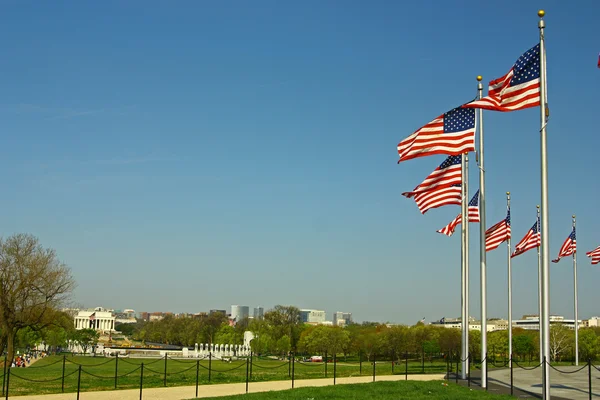 Αμερικανικές σημαίες, γύρω από το μνημείο της Ουάσιγκτον — Φωτογραφία Αρχείου