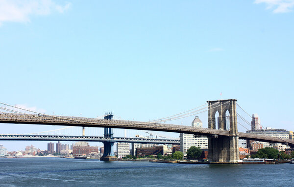 View of Brooklyn bridge over East river, New York city, U.S.A.