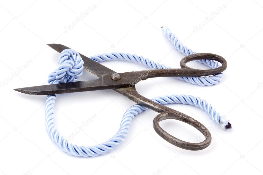 Old big scissors and and knot cuttings on a blue rope — Stock Photo ...