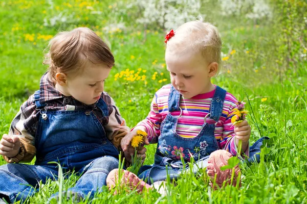 Menino e menina sentados na grama — Fotografia de Stock