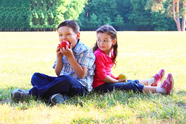 The boy with the girl play sitting on a grass — Stock Photo, Image