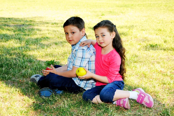 The boy with the girl play sitting on a grass — Stock Photo, Image