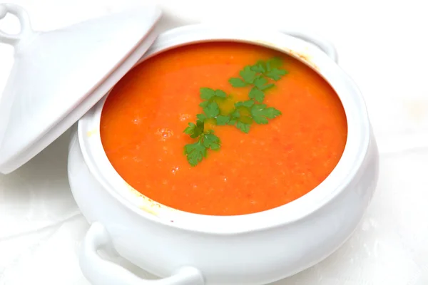 stock image Tomato soup in white bowl