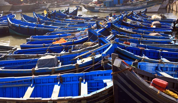 Barche da pesca blu marocchine a Essaouira Foto Stock