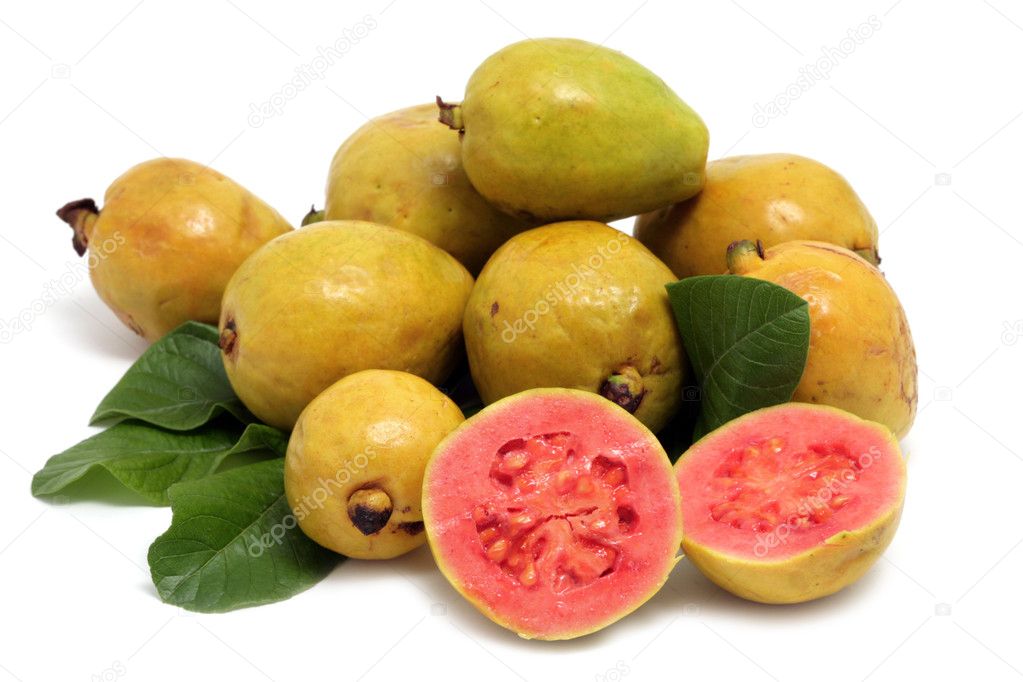 Fresh Guava fruit with leaves on white background