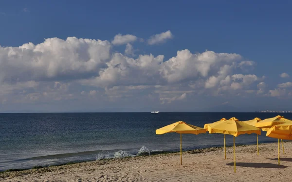 Žluté slunečníky na pláži. — Stock fotografie