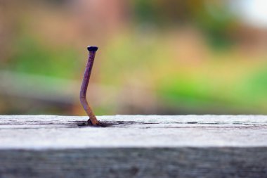 Bent nail in the old wooden beam clipart