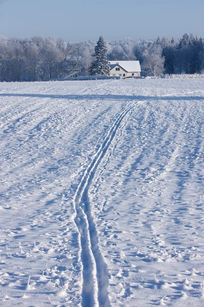 Sporen van de ski naar het huis van een winterdag — Stockfoto