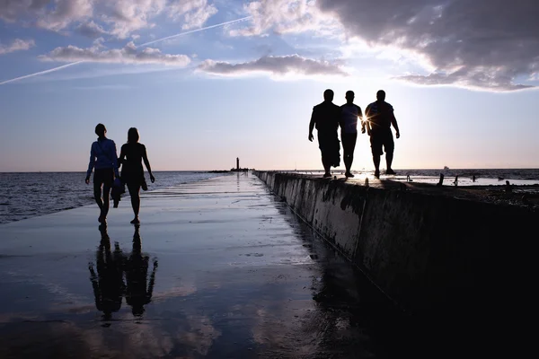 Siluetas de tres hombres y un par de mujeres contra el mar —  Fotos de Stock