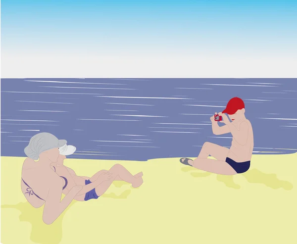 Plage mer mère avec enfants — Image vectorielle