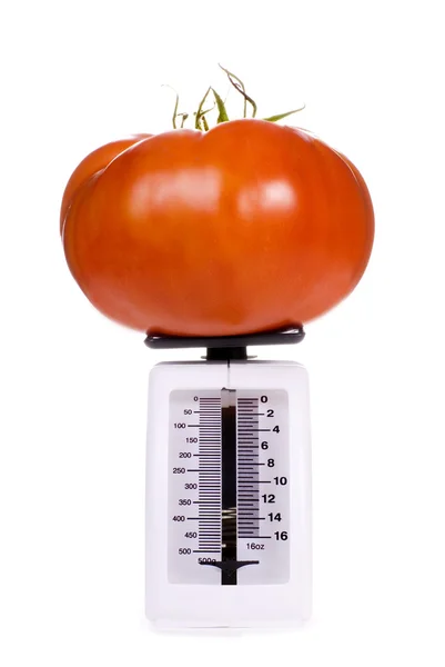 Stor tomat på köksvåg — Stockfoto