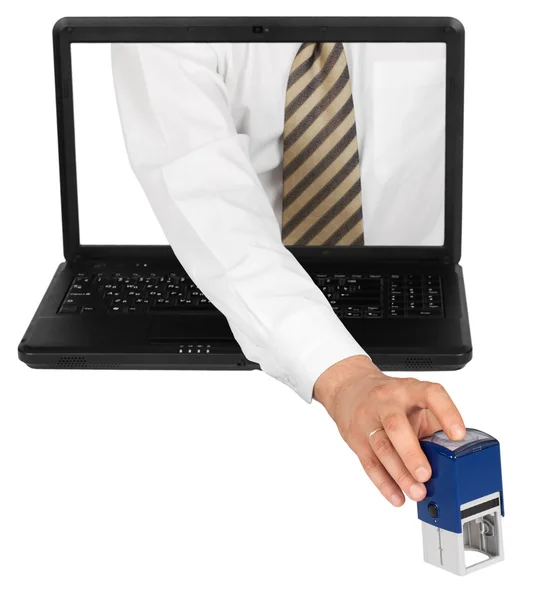 Person making stamp from laptop. — Stock Photo, Image