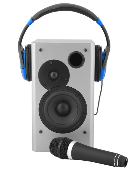 Lautsprecherbox, Ohrhörer und Mikrofon — Stockfoto