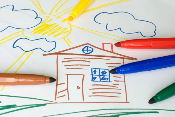 Color markers on child's drawing — Stock Photo, Image
