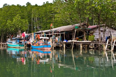 Huts at the mangrove everglades in a small fishermans village clipart